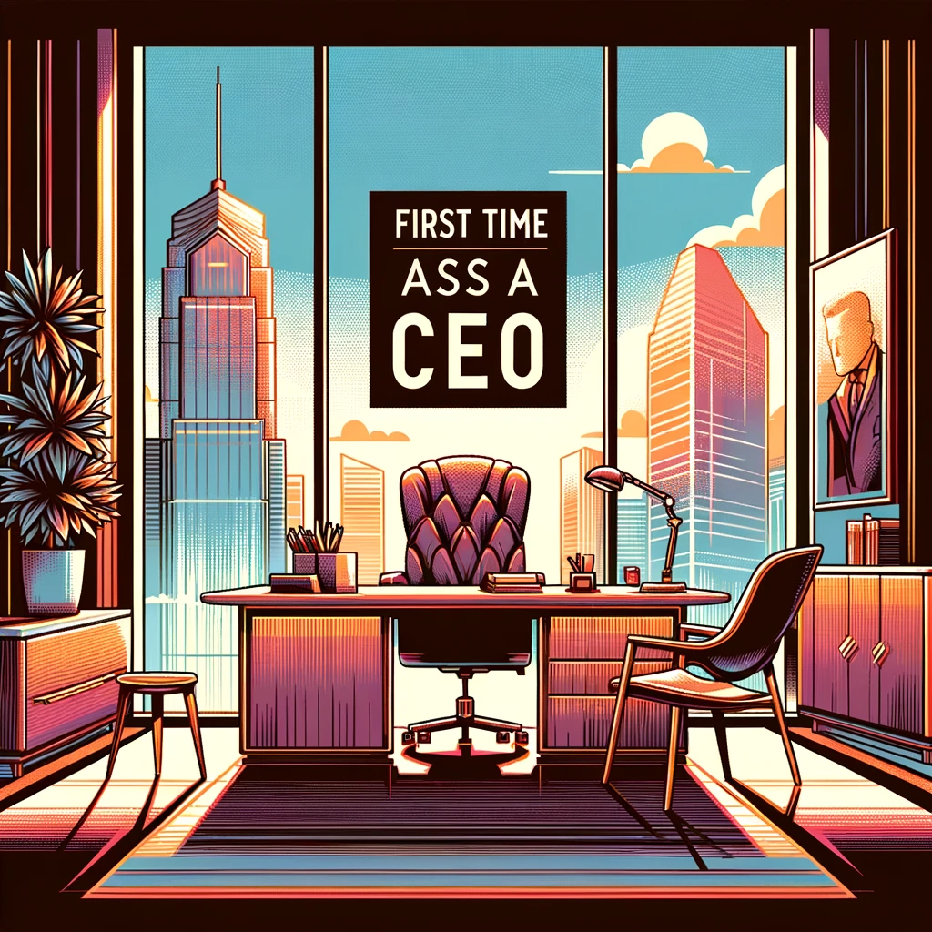 illustration in the style of a sophisticated magazine cover for an article titled 'First Time as a CEO'. The image should feature an executive